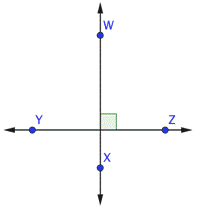 The image shows that Line Y Z intersects line W X. At the point of intersection a right angle symbol is shown, indicating that the lines are perpendicular.